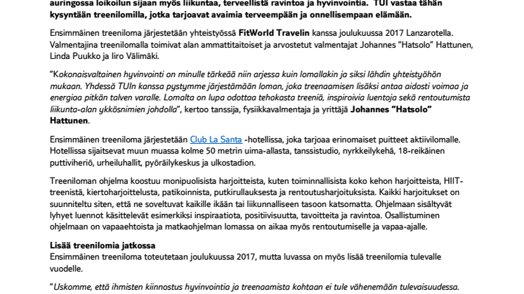 TUI vastaa hyvinvointibuumiin treenilomilla