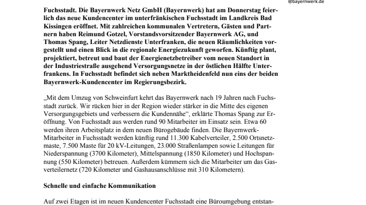 Bayernwerk kehrt mit Kundencenter nach Fuchsstadt zurück