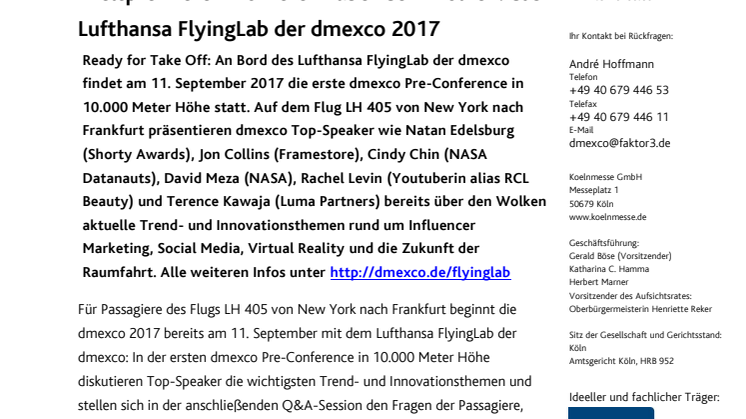 Weltpremieren-Konferenz über den Wolken: das Lufthansa FlyingLab der dmexco 2017