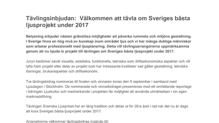 Tävlingsinbjudan:  Välkommen att tävla om Sveriges bästa ljusprojekt under 2017