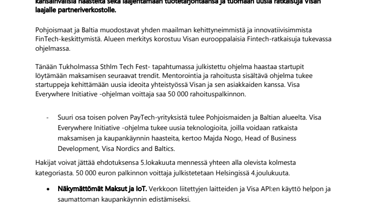 VISA JULKAISEE INNOVAATIO-OHJELMAN FINTECH-YRITYKSILLE POHJOISMAISSA JA BALTIASSA 