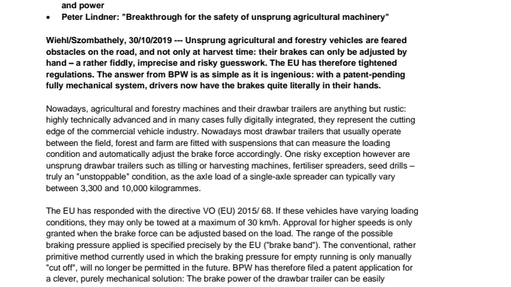 BPW gets its grips on the brake force of unsprung agricultural machinery 