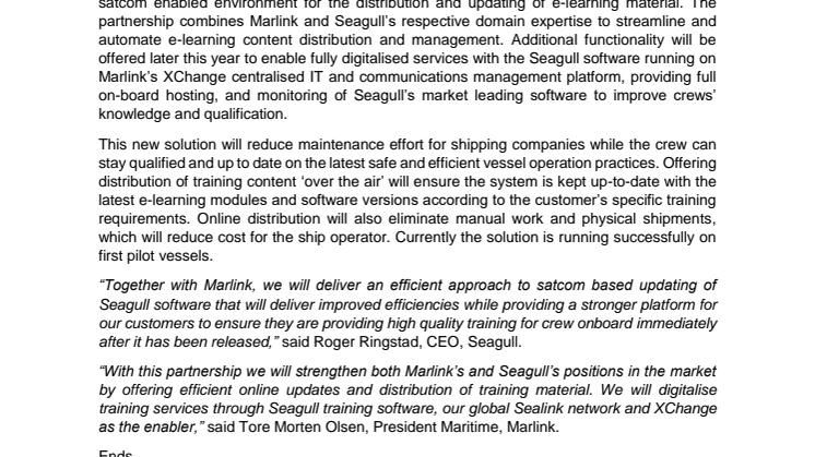 Marlink and Seagull Maritime collaborate for efficient online distribution of onboard training material 