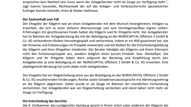 Landgericht Hamburg verurteilt Nordcapital Emissionshaus GmbH & Cie. KG - Anlegerin kann Beteiligung an geschlossenem Offshore - Fonds rückabwickeln 