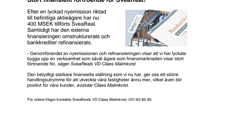 Stort finansiellt förtroende för SveaReal