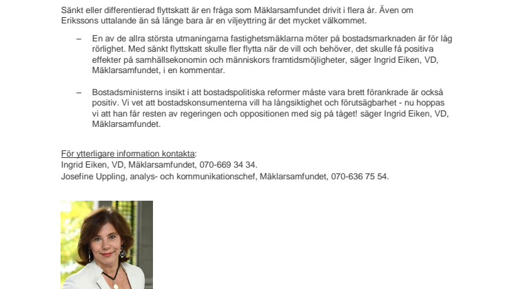 Mäklarsamfundet välkomnar bostadsministerns vilja att sänka flyttskatten