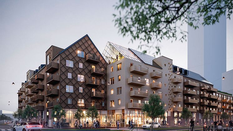 Illustration av vinnande förslag för kvarteret A. Arkitektkontor: ﻿﻿Wingårdhs Arkitekter, Unit Arkitekter och ﻿﻿Sunnerö Arkitekter.