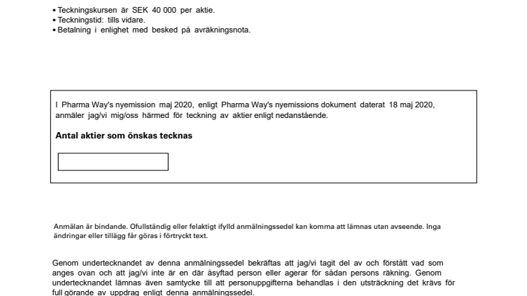Anmälningssedel PW nyemission efter 15 juni