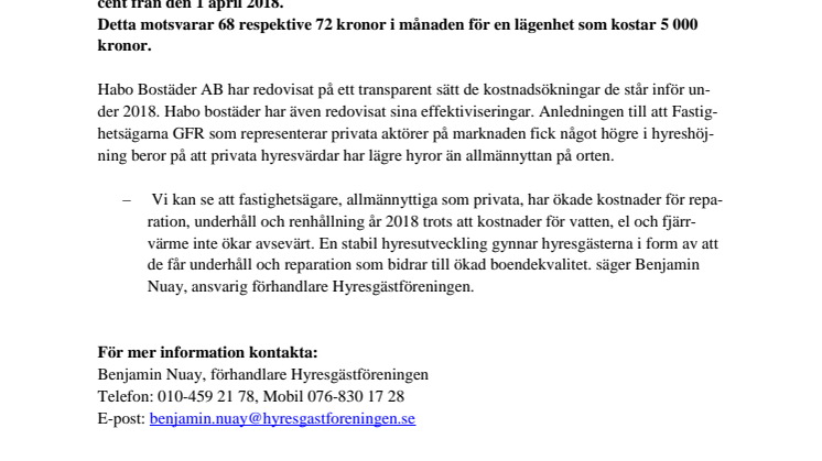Bostadshyrorna i Habo kommun klara för 2018