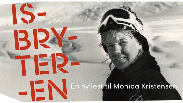 Monica Kristensen i Antarktis, etter å ha forsert den krevende ruten opp Axel Heiberg-breen i 1986.  (Fotomontasje fra utstillingen, foto utlånt av M. Kristensen)