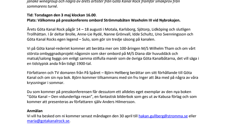 Inbjudan: Presskonferens om Göta Kanals nya säsong och Göta Kanal Rock 