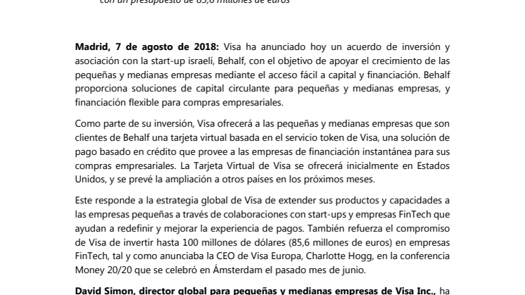 Visa invierte en Behalf para ayudar en la financiación de las pequeñas y medianas empresas 