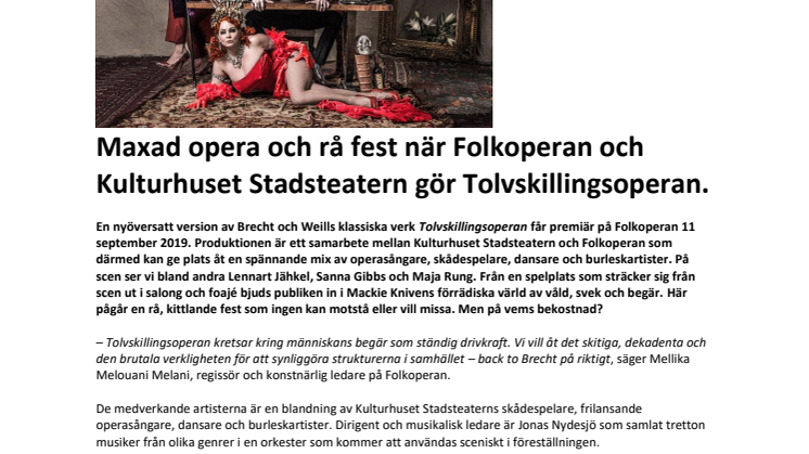 ​Maxad opera och rå fest när Folkoperan och Kulturhuset Stadsteatern gör Tolvskillingsoperan