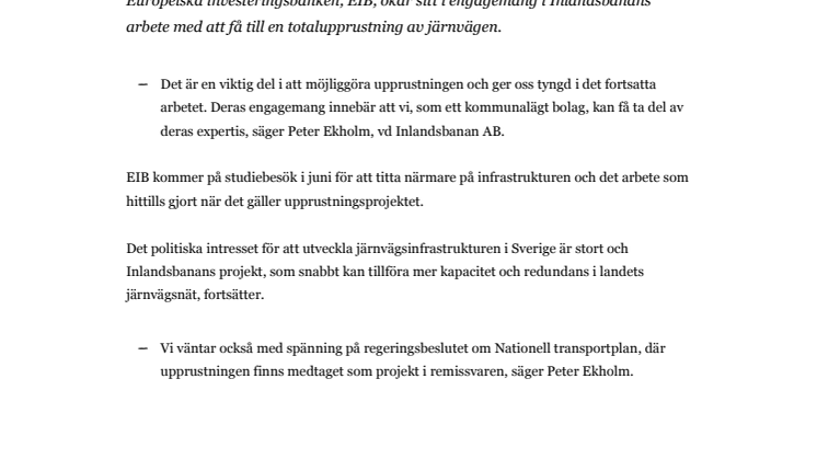 EIB engagerade i Inlandsbanans upprustningsprojekt 