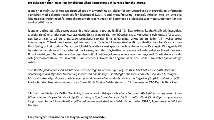 Idogen beslutar om tillverkning av tolerogent vaccin i egen regi 