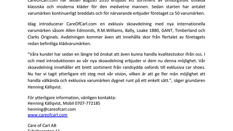 CareOfCarl.com introducerar exklusiv skoavdelning