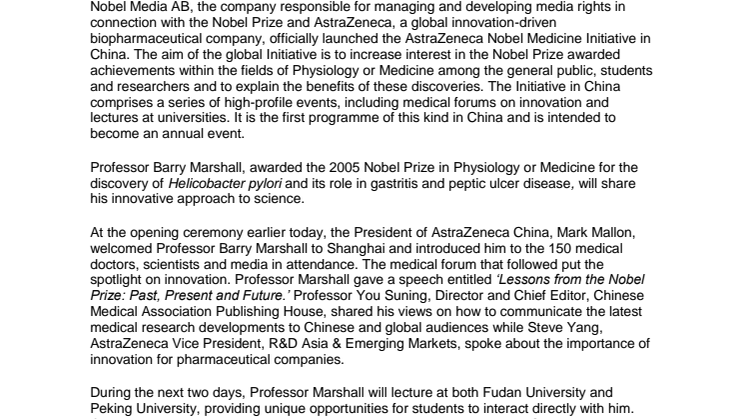 Nobel Media and AstraZeneca Bring Nobel Laureate to China, Programme includes medical forum on innovation and university lectures
