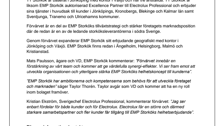 EMP Storkök AB förvärvar TT Storkök AB