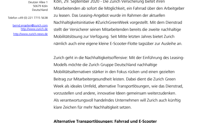 Nachhaltige Mobilitätsalternativen: Zurich startet Dienstrad-Leasing 