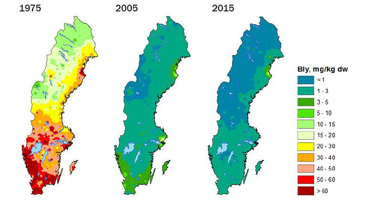 Koncentrationen av bly i mossa år 1975, samt 2005 och 2015 (mg/kg i torrvikt).