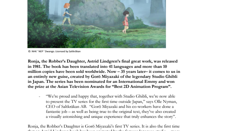 Swedish World Premiere for Gorō Miyazaki’s Ronja, the Robber’s Daughter