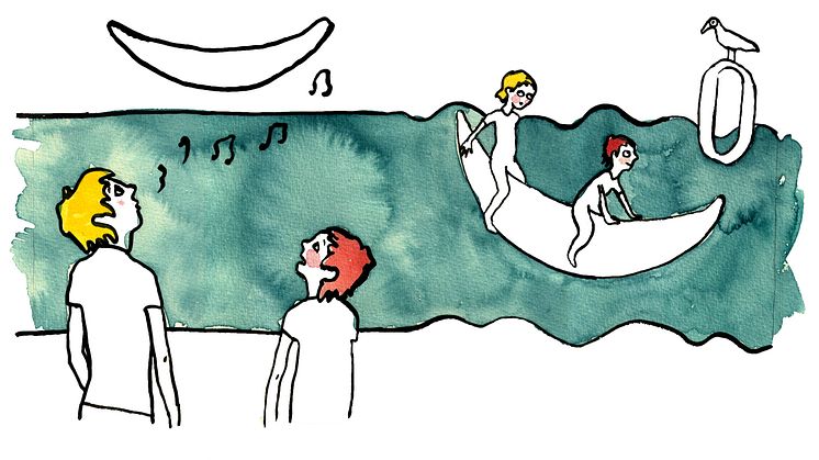 Illustration Hanna Hallén ur ”Kotten som försvann”. Barn i möte med skulpturen Himmelsbåt av Torgny Larsson.