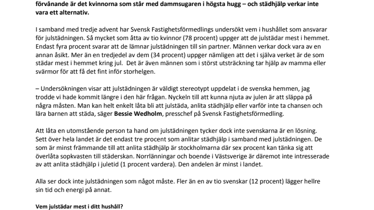 Bobarometern visar: Åtta av tio kvinnor julstädar hemmet