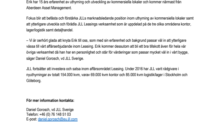 JLL rekryterar – Erik Skalin ny chef för Leasing
