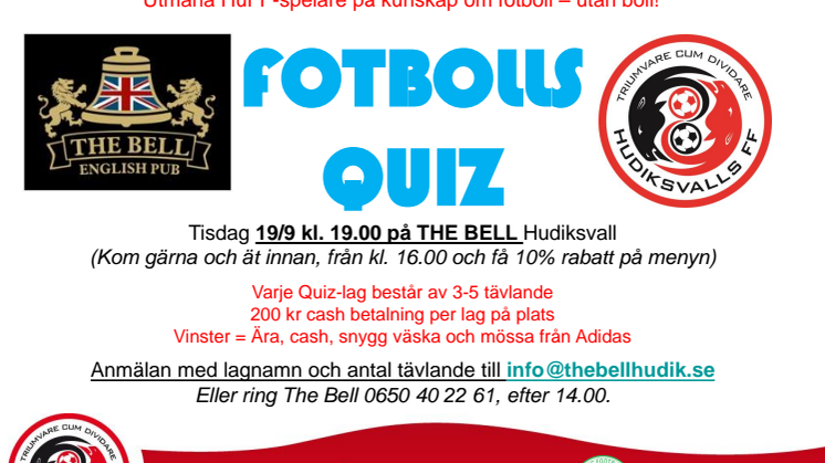 FotbollsQuiz 19 sep kl. 19.00 på The Bell!
