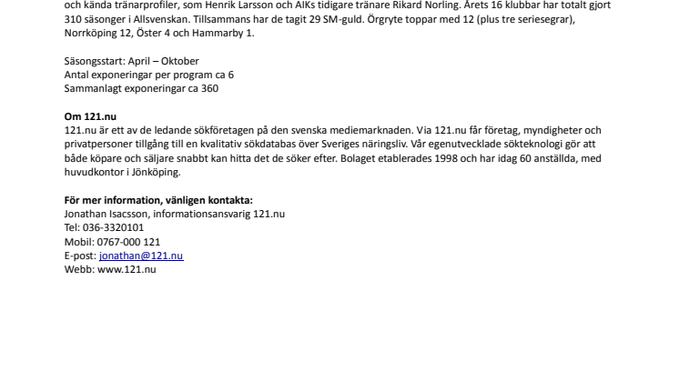 121.nu sponsrar TV4 Sport rikssändningar från Superettan 2010