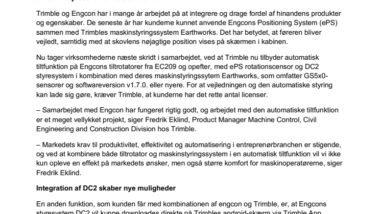 Engcon tilter nu automatisk med Trimble – øget effektivitet