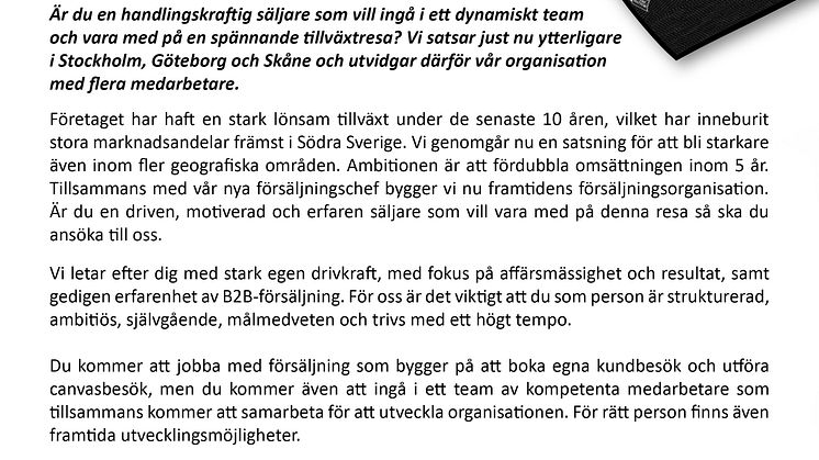 Växande företag söker affärsdrivna B2B-säljare 