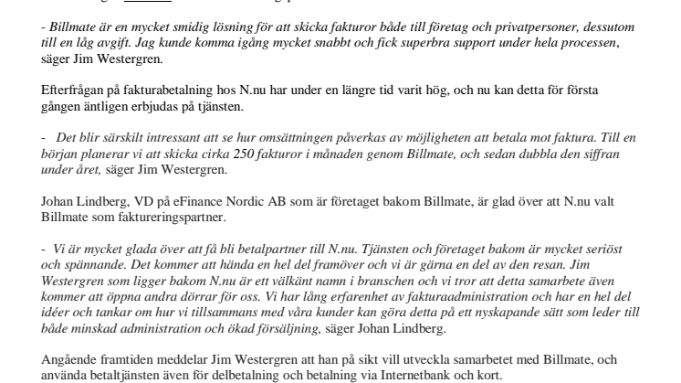 Sveriges ledande hemsidestjänst N.nu väljer Billmate som faktureringspartner