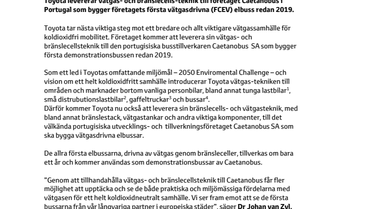 Toyota tar nästa steg mot nollemission: Förser europeisk busstillverkare med teknik för vätgas