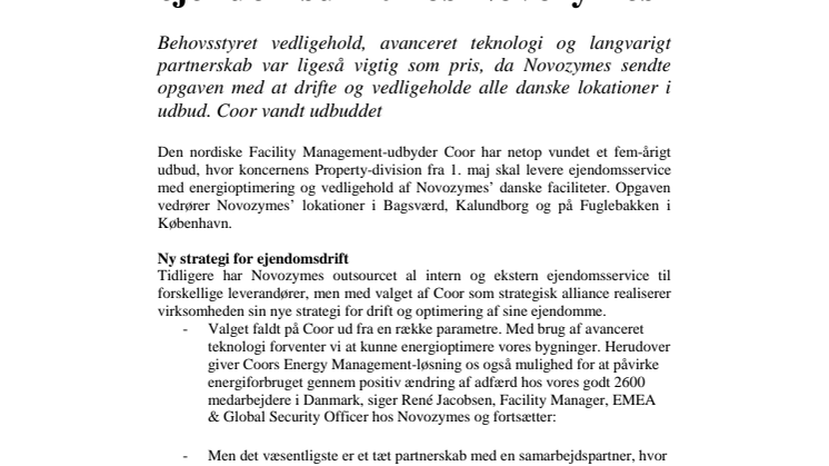 Coor vinder udbud om ejendomsdrift hos Novozymes