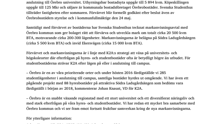 K2A växer i Örebro: förvärvar 306 studentbostäder och erhåller markanvisningar