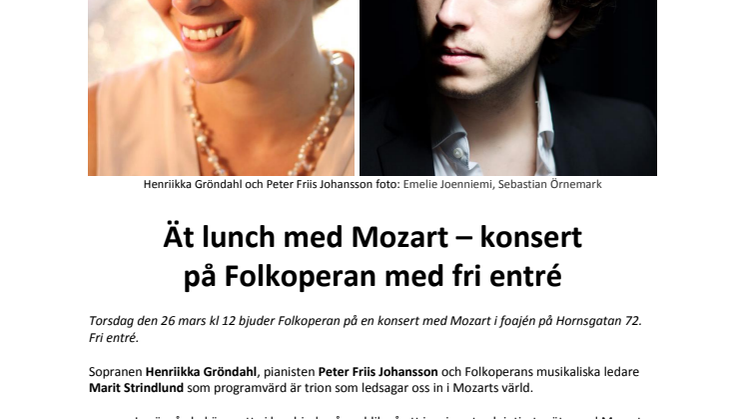 Ät lunch med Mozart – konsert  på Folkoperan med fri entré