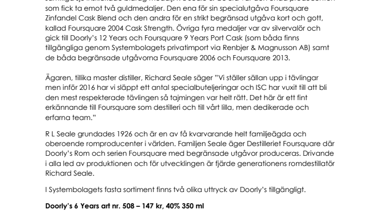 Doorly's utsedd till Årets Romproducent 2016