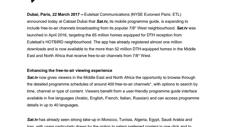 Eutelsat’s Sat.tv app expands to vibrant 7/8° West video neighbourhood