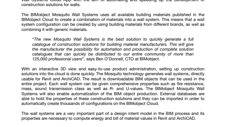 BIMobject® Mosquito Wall Systems, new cloud-based tool for construction solutions
