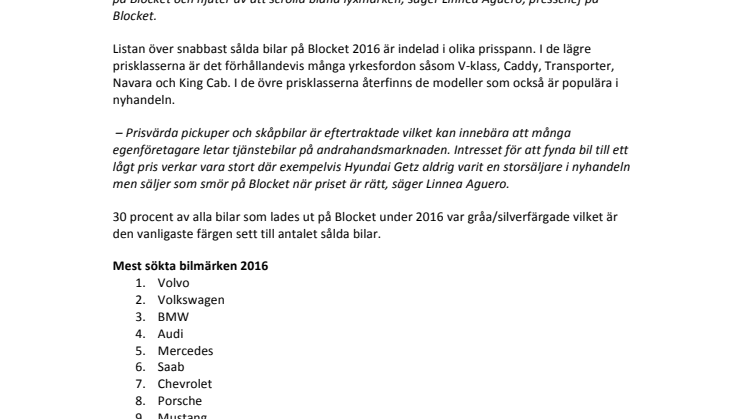 Volvo är det mest sökta bilmärket på Blocket 2016, Ford Mustang är årets raket