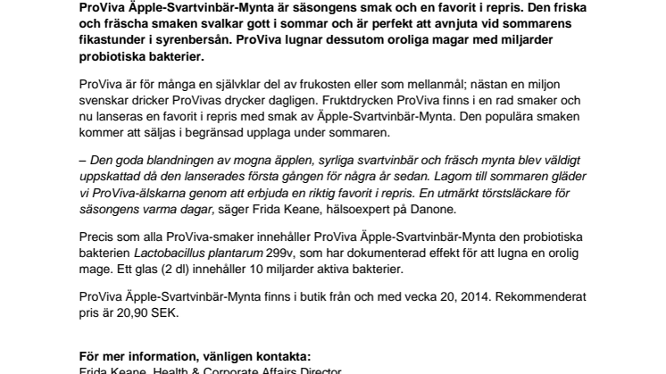 ProViva lanserar en somrig favorit i repris - Frisk och fräsch smak av Äpple-Svartvinbär-Mynta!