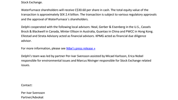 Delphi advisors to Nibe Industrier AB (publ) on the acquisition of WaterFurnace Renewable Energy, Inc. in a recommended transaction