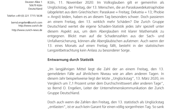 Freitag, der 13. kein Unglückstag – Entwarnung durch Statistik