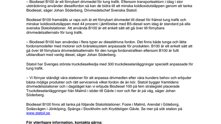 Statoil öppnar tre nya anläggningar för Biodiesel B100