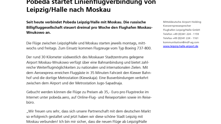 Pobeda startet Linienflugverbindung von Leipzig Halle nach Moskau