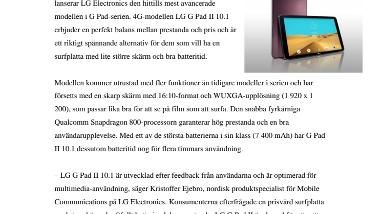 LG LANSERAR G PAD II 10.1 – DEN PERFEKTA  SURFPLATTAN FÖR MULTIMEDIA