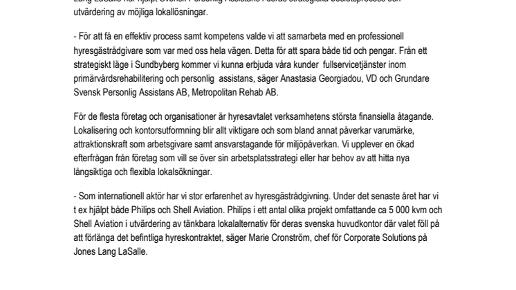 Jones Lang LaSalle rådgivare till Svensk Personlig Assistans 