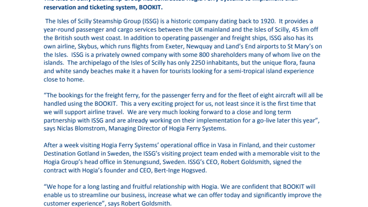 Isles of Scilly Steamship Group signs with Hogia Ferry Systems