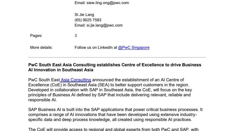 Press release_​​​PwC South East Asia Consulting establishes Centre of Excellence to drive Business AI Innovation in Southeast Asia .pdf